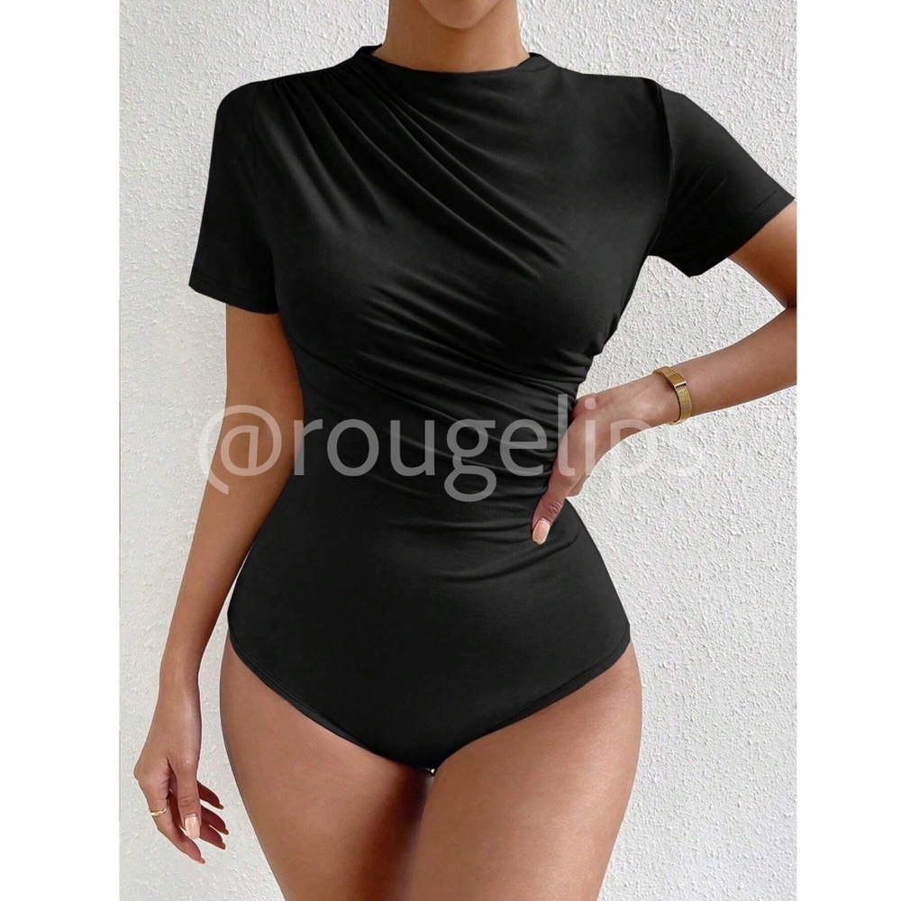 Ruched Black Asymmetrical Short Sleeve Bodysuit Stretchy